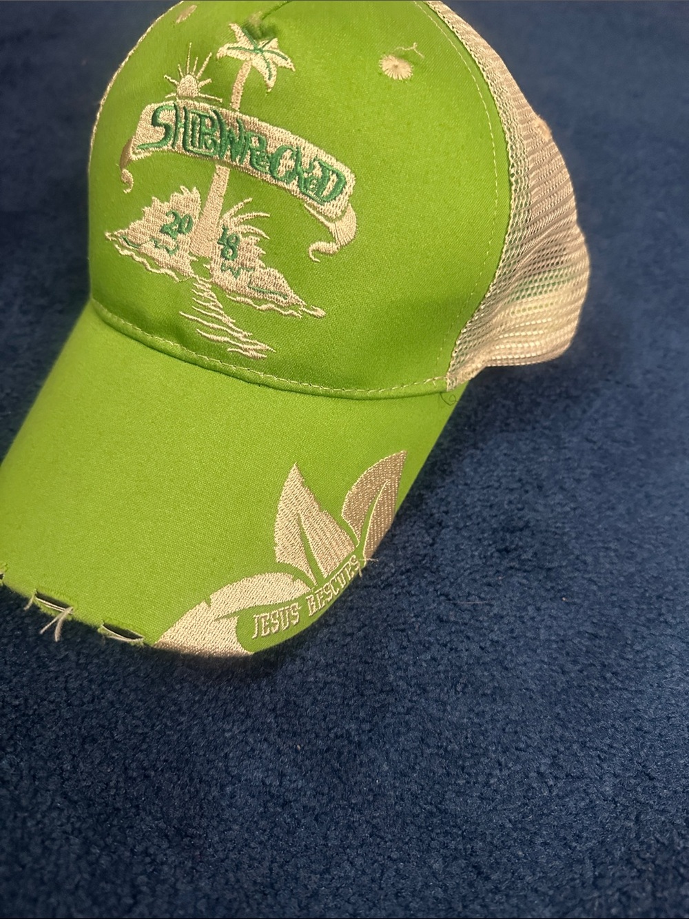 Shipwrecked 2018 Jesus Rescues Green Distressed Style Mesh Trucker Hat